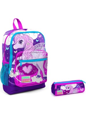 Coral High Kız Çocuk İçin Mor Unicorn Baskılı Sırt Çantası ve Kalemlik Seti 27x40x16 cm Ölçülerinde