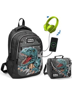 Coral High Dinazor Baskılı Okul ve Beslenme Çantası - Erkek Çocuk - USB Soketli