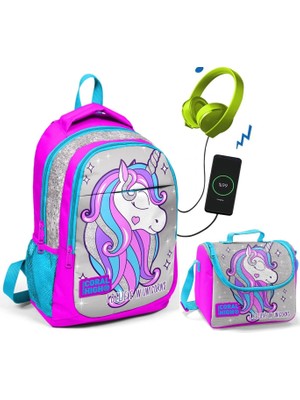 Coral High Pembe Unicorn Okul ve Beslenme Çantası - Kız Çocuk - USB Soketli