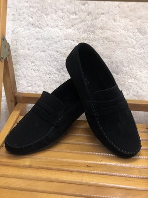Kafkaslar Erkek Siyah Süet Yumuşak Kaymaz Taban Hakiki Deri Loofer Ayakkabı