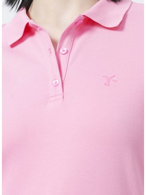 Fabrika Deep Polo Yaka  Basic Düz Açık Pembe Kadın T-Shirt