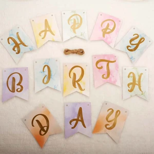 Patladı Gitti Makaron Zemin Happy Birthday Gold Mini Banner