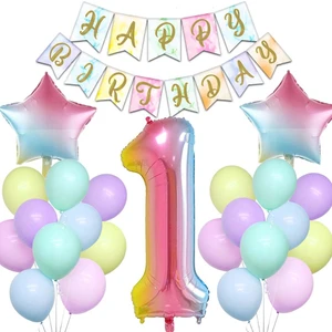 Patladı Gitti Gökkuşağı Konsepti 1 Yaş Doğum Günü Parti Kutlama Seti; Rakam ve Yıldız Folyo, Banner ve Makaron Balon