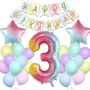 Patladı Gitti Gökkuşağı Konsepti 3 Yaş Doğum Günü Parti Kutlama Seti; Rakam ve Yıldız Folyo, Banner ve Makaron Balon