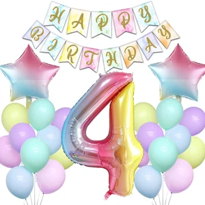 Patladı Gitti Gökkuşağı Konsepti 4 Yaş Doğum Günü Parti Kutlama Seti; Rakam ve Yıldız Folyo, Banner ve Makaron Balon