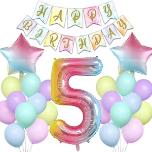 Patladı Gitti Gökkuşağı Konsepti 5 Yaş Doğum Günü Parti Kutlama Seti; Rakam ve Yıldız Folyo, Banner ve Makaron Balon