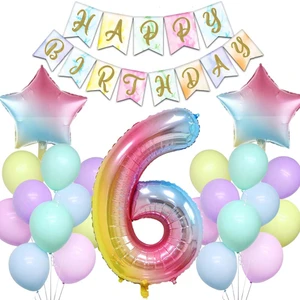 Patladı Gitti Gökkuşağı Konsepti 6 Yaş Doğum Günü Parti Kutlama Seti; Rakam ve Yıldız Folyo, Banner ve Makaron Balon