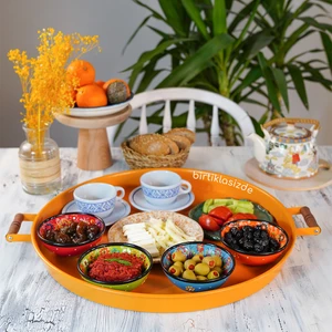 Kitchen Trend Galvaniz 51 cm Sarı Ahşap Kulplu Yuvarlak Tepsi