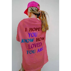 Pembe Baskılı Oversize Bisiklet Yaka Kadın Tişört