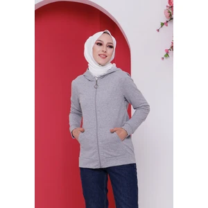 Gri Kapüşonlu Ön Fermuarlı Cepli Sweatshirt Hırka