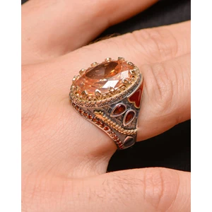 Gümüş Gümüş Erkek Yüzük Sitrin Taşlı Şampanya Topaz Taş Süslemeli