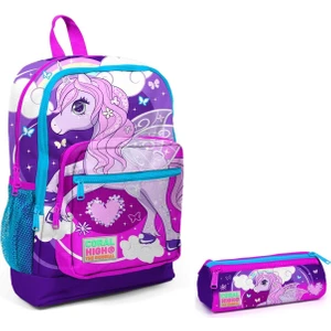 Coral High Ilkokul Sırt Çantası ve Kalemlik Seti - Mor Unicorn Baskılı