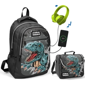 Coral High Dinazor Baskılı Okul ve Beslenme Çantası - Erkek Çocuk - USB Soketli