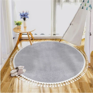 Valery Home Yuvarlak Comfort Puffy Ponpon Saçaklı Peluş Halı Açık Gri SM1011A