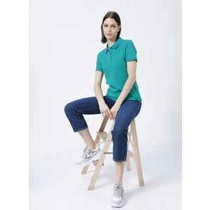 Deep Polo Yaka  Basic Düz Yeşil Kadın T-Shirt