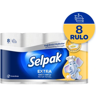 Selpak® Extra Yağ Emici 8'li Rulo Kağıt Havlu 3 Katlı Kokusuz Mutfak ve Temizlik Kullanımı