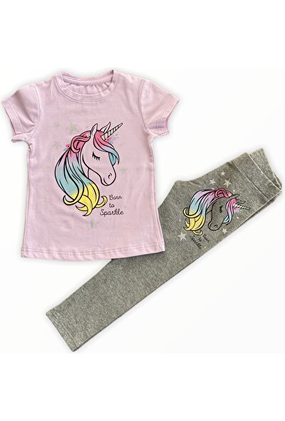 Sibelle Kids Unicorn Born To Sparkle Baskılı Lila Tshirt Gri Tayt Takım