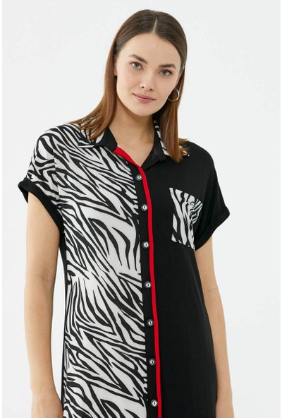 Sementa Zebra Desenli Penye Gömlek Elbise - Siyah