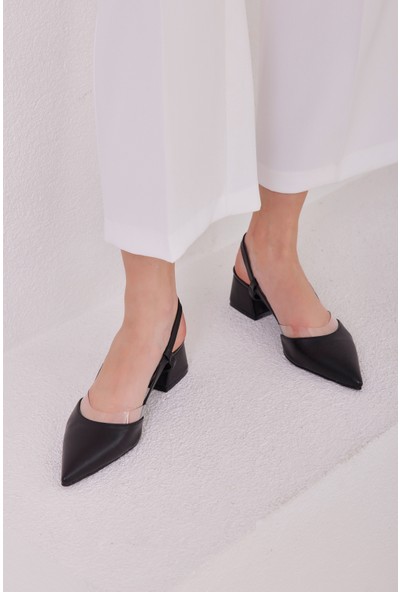 Madamra Siyah Kadın Şeffaf Detaylı Topuklu Ayakkabı