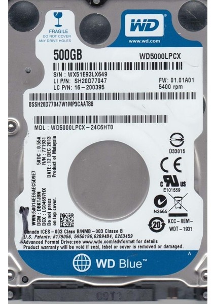 500GB Blue 2,5" 32MB 5400RPM WD5000LPCX Notebook Harddisk (Yenilenmiş Ürün)
