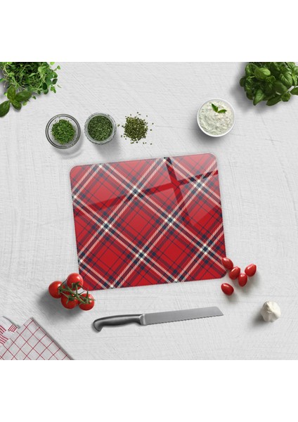 Cam Kesme Tahtası - Cam Kesme Tablası | Kırmızı-Beyaz Ekose Desen | 29cm x 34cm