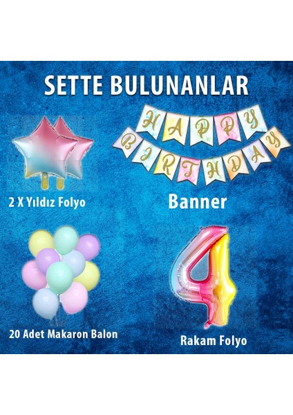 Gökkuşağı Konsepti 4 Yaş Doğum Günü Parti Kutlama Seti; Rakam ve Yıldız Folyo, Banner ve Makaron Balon