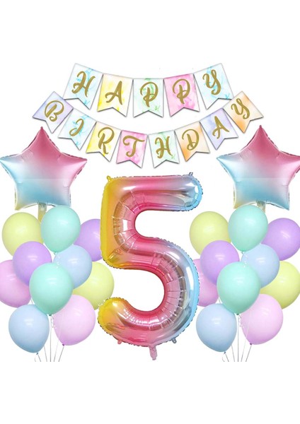 Gökkuşağı Konsepti 5 Yaş Doğum Günü Parti Kutlama Seti; Rakam ve Yıldız Folyo, Banner ve Makaron Balon