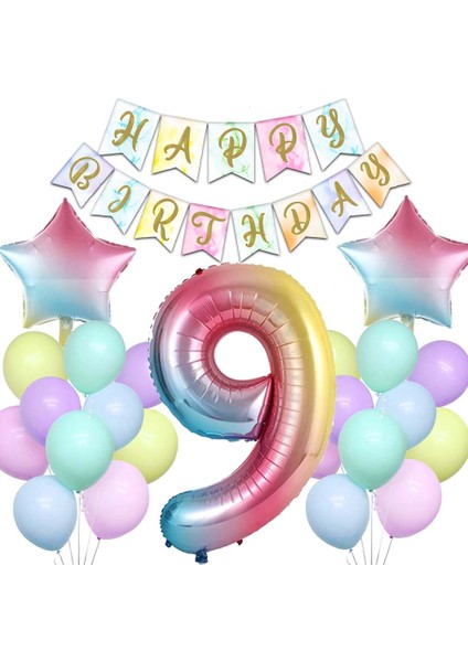 Gökkuşağı Konsepti 9 Yaş Doğum Günü Parti Kutlama Seti; Rakam ve Yıldız Folyo, Banner ve Makaron Balon