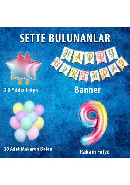 Gökkuşağı Konsepti 9 Yaş Doğum Günü Parti Kutlama Seti; Rakam ve Yıldız Folyo, Banner ve Makaron Balon fiyatları
