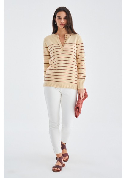 Beluga Pullover %100 Pamuk Yazlık Kadın Triko Kazak Koyu Krem/tarçın