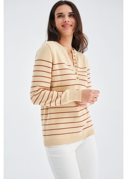 Beluga Pullover %100 Pamuk Yazlık Kadın Triko Kazak Koyu Krem/tarçın indirimleri