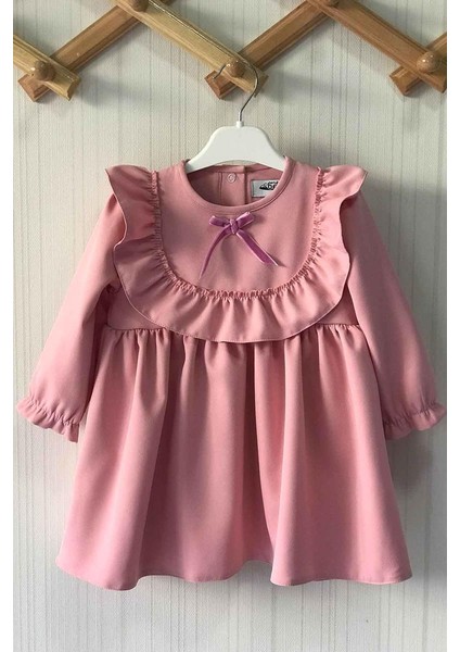 Fırfır ve Kurdele Detaylı Tasarım Krep Pudra Pembe Kız Çocuk Bebek Elbise