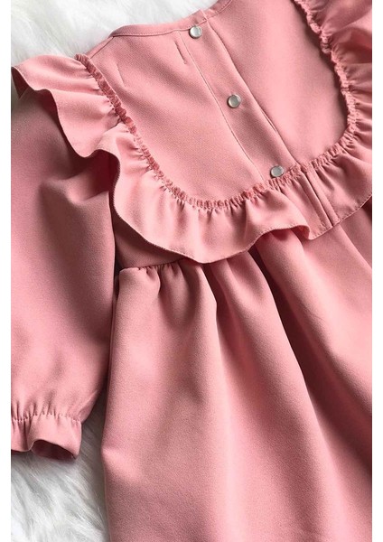 Fırfır ve Kurdele Detaylı Tasarım Krep Pudra Pembe Kız Çocuk Bebek Elbise fiyatları