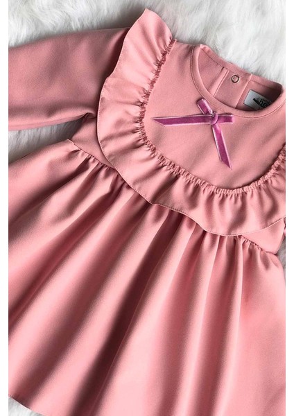 Fırfır ve Kurdele Detaylı Tasarım Krep Pudra Pembe Kız Çocuk Bebek Elbise