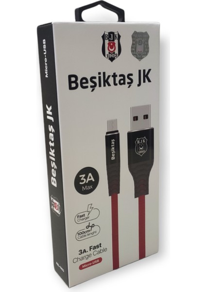 Beşiktaş Lisanslı Micro USB Hızlı 3A Şarj Kablosu - Kırmızı/siyah