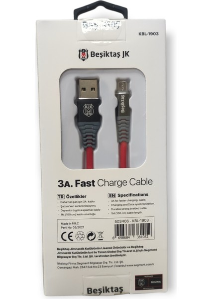 Beşiktaş Lisanslı Micro USB Hızlı 3A Şarj Kablosu - Kırmızı/siyah