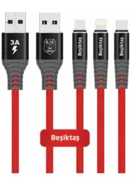 Beşiktaş Lisanslı Micro USB Hızlı 3A Şarj Kablosu - Kırmızı/siyah