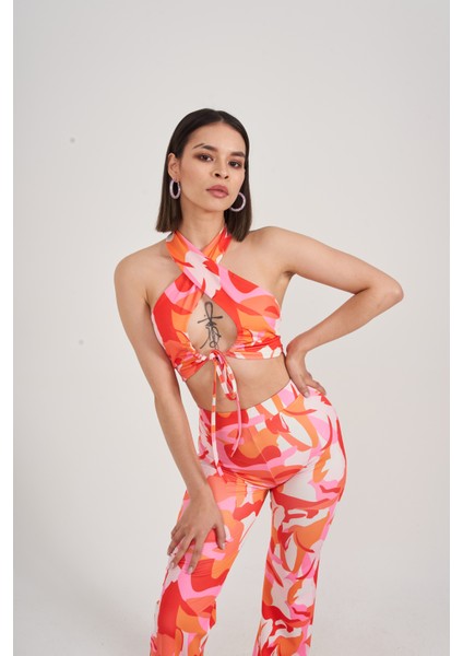 Kadın Turuncu Crop Dekolteli Bel Bağlamalı Puffy Bluz