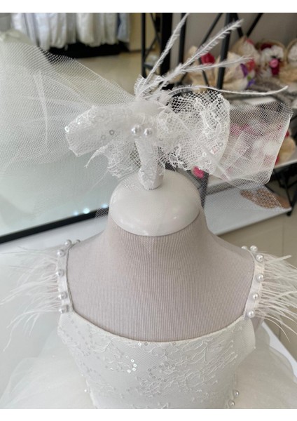 Black White Weding Kız Çocuk Dantel Detaylı Prenses Elbise, Çocuk Abiye, Doğum Günü Konsepti Beyaz Tüylü Elbise