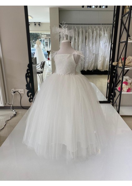 Black White Weding Kız Çocuk Dantel Detaylı Prenses Elbise, Çocuk Abiye, Doğum Günü Konsepti Beyaz Tüylü Elbise modelleri