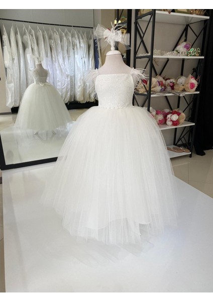 Black White Weding Kız Çocuk Dantel Detaylı Prenses Elbise, Çocuk Abiye, Doğum Günü Konsepti Beyaz Tüylü Elbise fırsatları