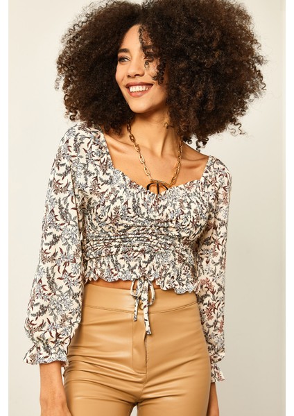 Bej Çiçek Desenli Büzgülü Bluz 2YXK2-46097-25 fiyatları