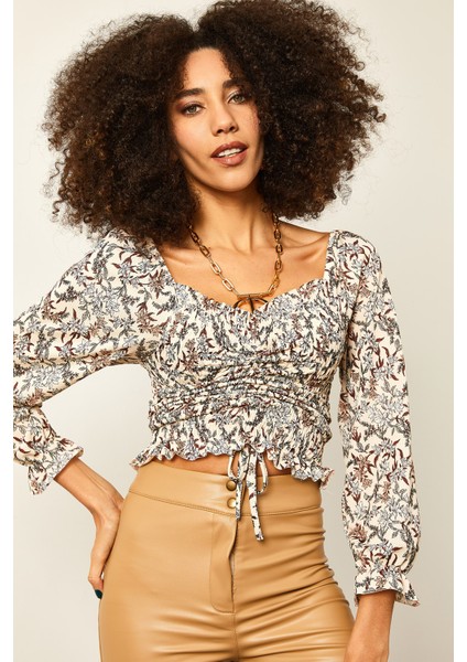 Bej Çiçek Desenli Büzgülü Bluz 2YXK2-46097-25 indirimleri