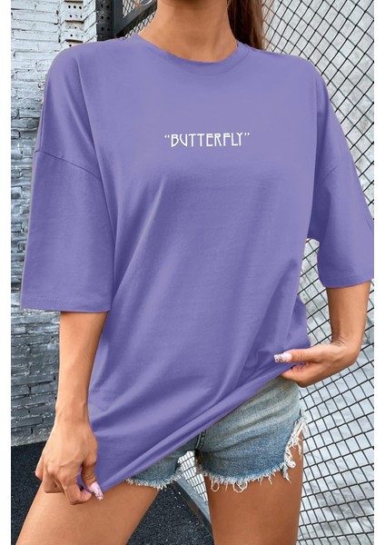 Kadın Antrasit Butterfly Oversize T-Shirt