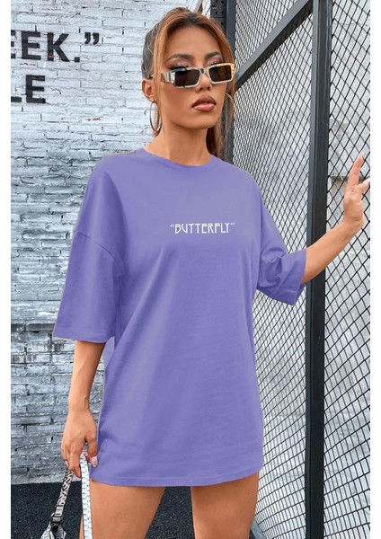 Kadın Antrasit Butterfly Oversize T-Shirt