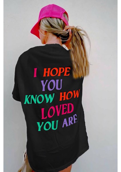 Siyah Baskılı Oversize Bisiklet Yaka Kadın Tişört