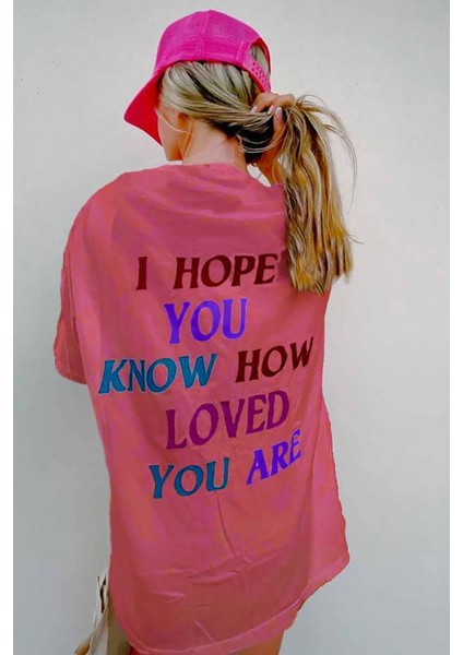 Pembe Baskılı Oversize Bisiklet Yaka Kadın Tişört