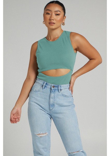 Mint Yeşili Yırtık Detaylı Basic Bodysuit