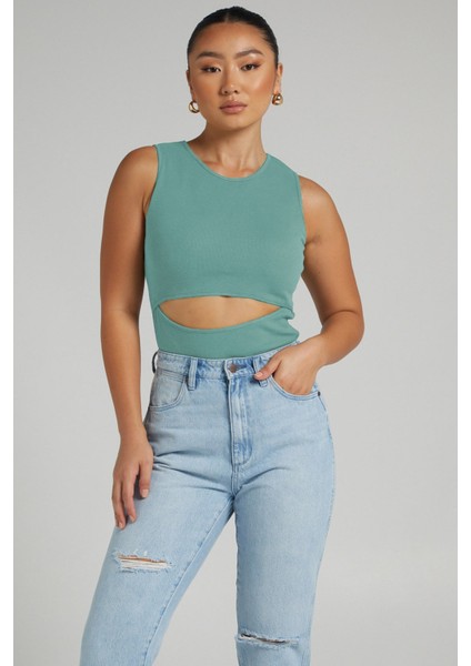 Mint Yeşili Yırtık Detaylı Basic Bodysuit