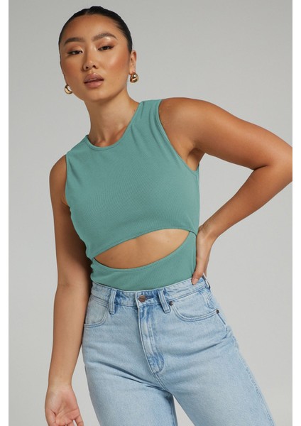 Mint Yeşili Yırtık Detaylı Basic Bodysuit